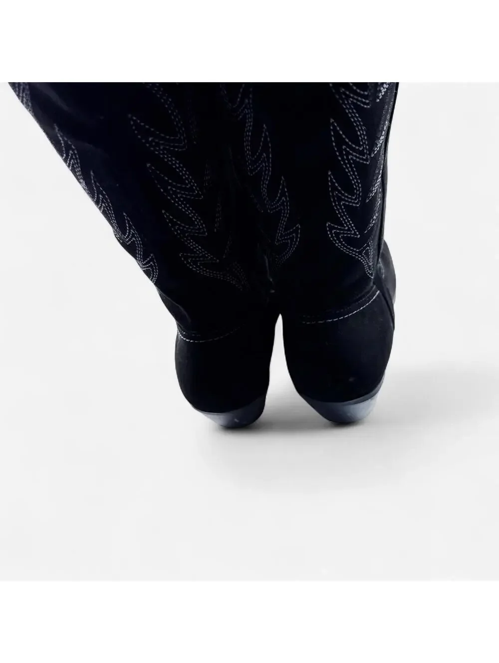 Black Faux Suede Embroidered Tall Cowboy Boots in Black